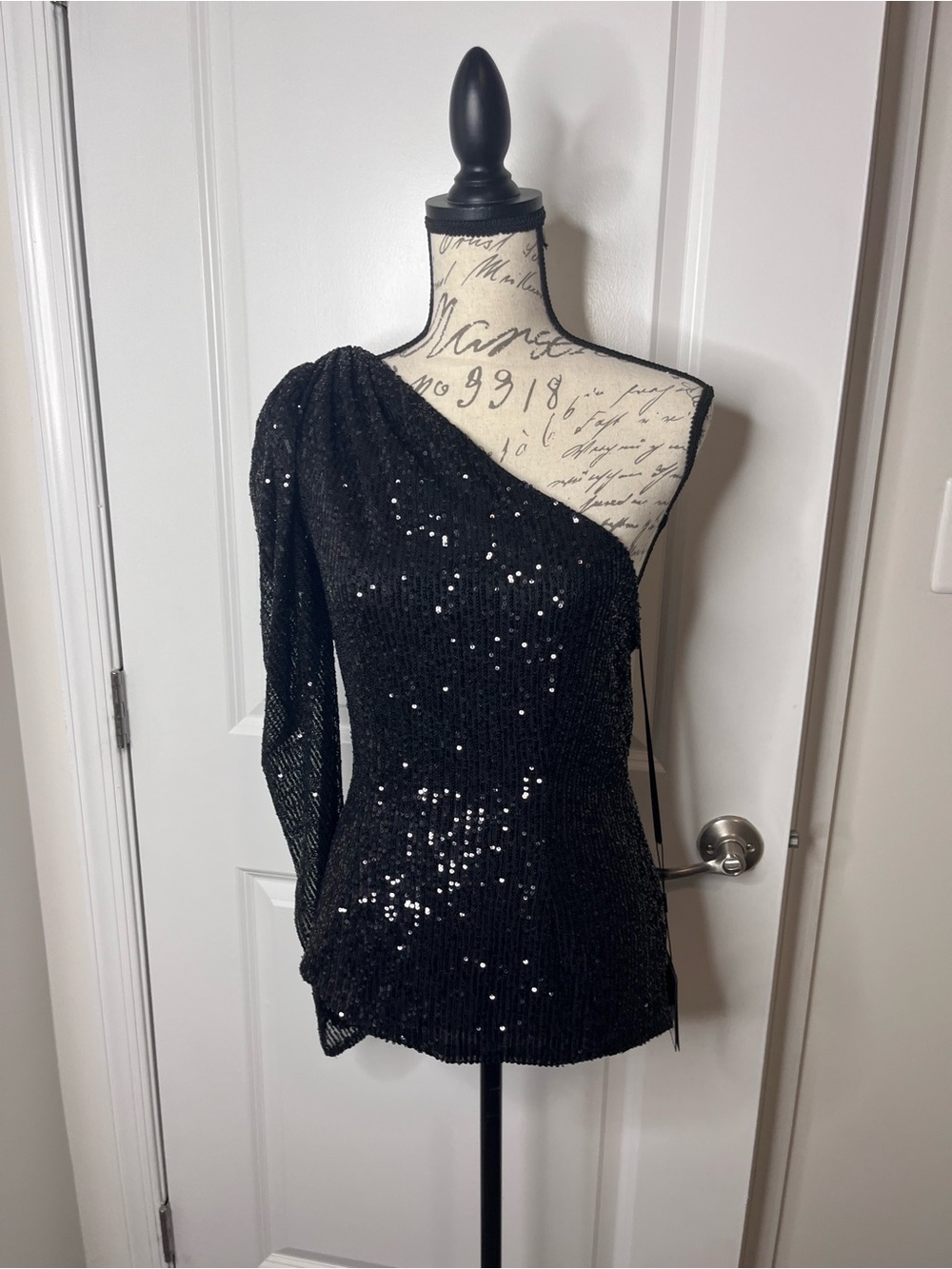 One-Shoulder Black Sequin Evening Blouse